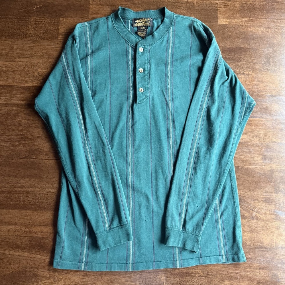Vintage Eddie Bauer Henley Shirt Mens Small Teal Striped Made USA 80s 90s Retro